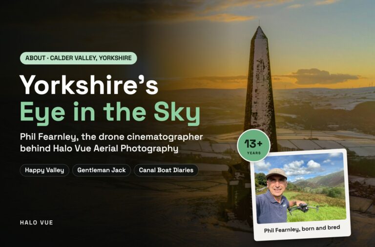 Phil Fearnley, Yorkshire drone cinematographer behind Halo Vue Aerial Photography, with Stoodley Pike in the Calder Valley