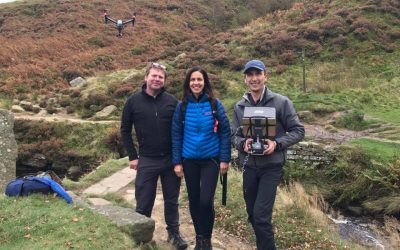 drone being flown next to Julia Bradbury and Nick Small