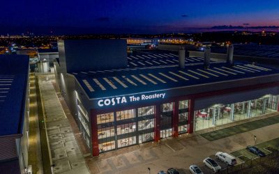 The Costa Coffee building filmed at sunset