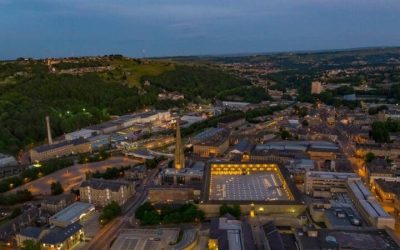 Halifax filmed by drone featuring the railway station and Piece hall