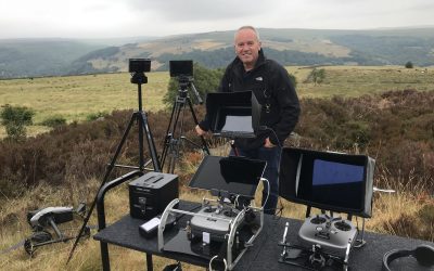 Darren Miller filming with Halo Vue, stood with Drone remote control. DJI Inspire 2 Aircraft , directors monitors in the country side