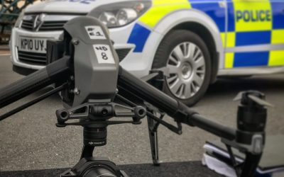 DJI Inspire 2 drone on a work table with a fake police car in the background.
