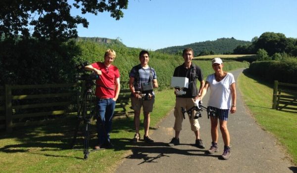 Ch5 , The Yorkshire Vet, Drone filming ,Multi drone crew team photo with crew at Daisybeck studios holding the Drone. country side with fields are all around whilst filmed in the summer