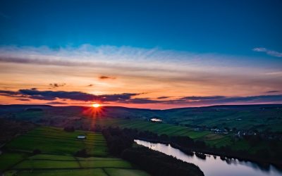Sunset over Bronte Country, by drone with lake and water.