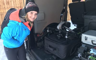 Helen Skelton looking at our drone in the back of our VW Transporter