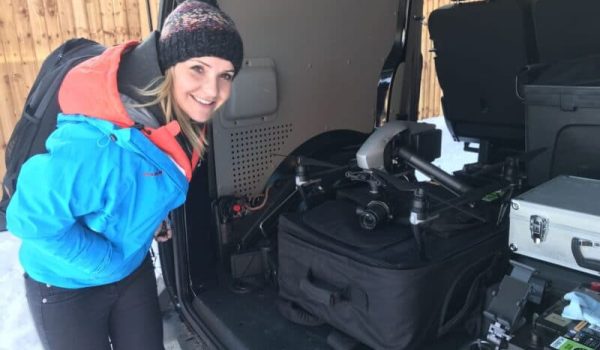 Helen Skelton looking at our drone in the back of our VW Transporter