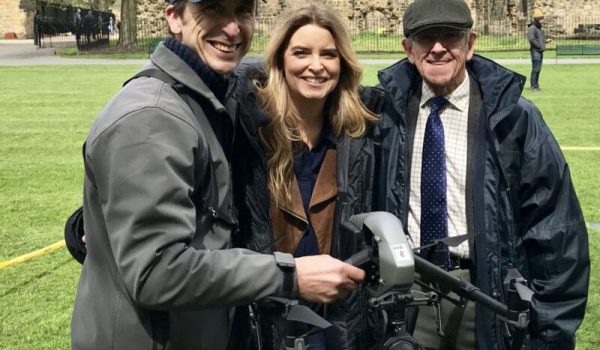 Emmerdale star Emma Atkins and Dougie Brown stood with Phil Fearnley filming with the drone